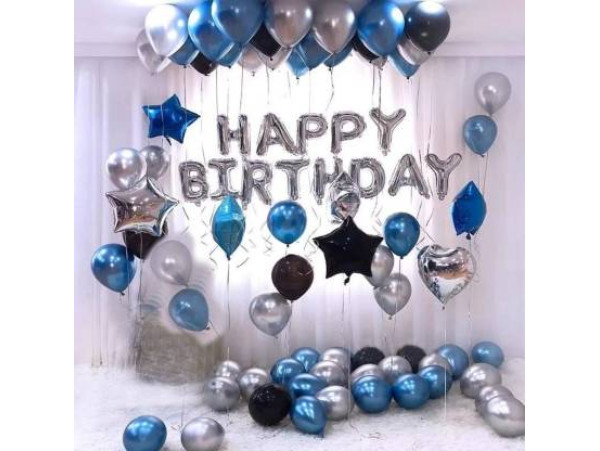 Happy Birthday Foil Balloon Silver Metallic Balloons Blue, Black and Silver Letter Balloon  (Silver, Black, Blue, Pack of 63)